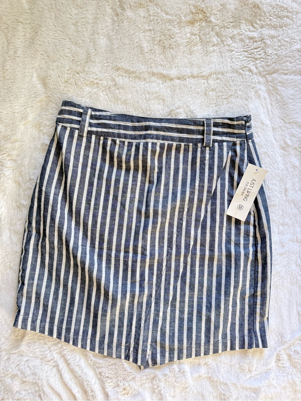 NWT Just Living Navy and White Vertical-Striped Faux Wrap Mini Skirt